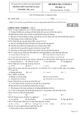 2 Đề kiểm tra cuối học kì I Tin học 12 - Năm học 2022-2023 - Trường THPT Trần Hưng Đạo (Có đáp án)