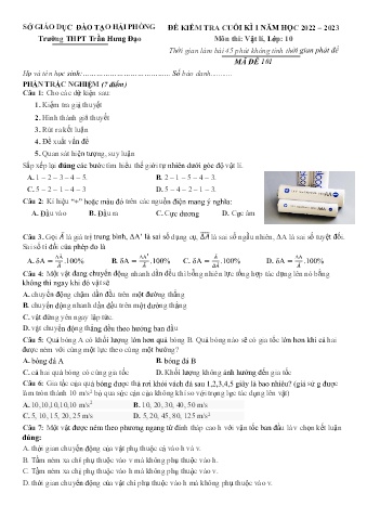 2 Đề kiểm tra cuối học kì I Vật lí 10 - Năm học 2022-2023 - Trường THPT Trần Hưng Đạo