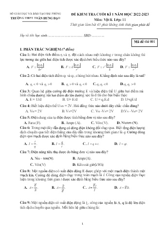 2 Đề kiểm tra cuối học kì I Vật lí 11 - Năm học 2022-2023 - Trường THPT Trần Hưng Đạo (Có đáp án)
