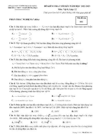 2 Đề kiểm tra cuối học kì I Vật lí 12 - Năm học 2022-2023 - Trường THPT Trần Hưng Đạo (Có đáp án)