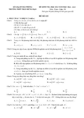 3 Đề kiểm tra cuối học kì I Toán 10 - Năm học 2022-2023 - Trường THPT Trần Hưng Đạo (Có đáp án)