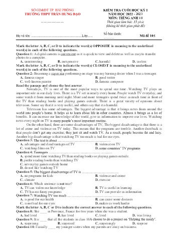 4 Đề kiểm tra cuối học kì I Tiếng Anh 10 - Năm học 2022-2023 - Trường THPT Trần Hưng Đạo