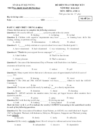 4 Đề kiểm tra cuối học kì I Tiếng Anh 11 - Năm học 2022-2023 - Trường THPT Trần Hưng Đạo (Có đáp án)