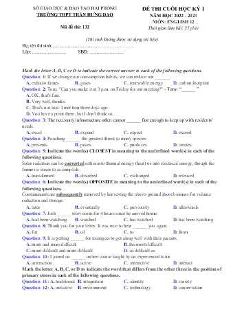 4 Đề kiểm tra cuối học kì I Tiếng Anh 12 - Năm học 2022-2023 - Trường THPT Trần Hưng Đạo
