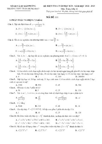 4 Đề kiểm tra cuối học kì I Toán 11 - Năm học 2022-2023 - Trường THPT Trần Hưng Đạo (Có đáp án)