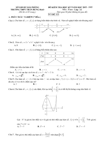 4 Đề kiểm tra cuối học kì I Toán 12 - Năm học 2022-2023 - Trường THPT Trần Hưng Đạo (Có đáp án)