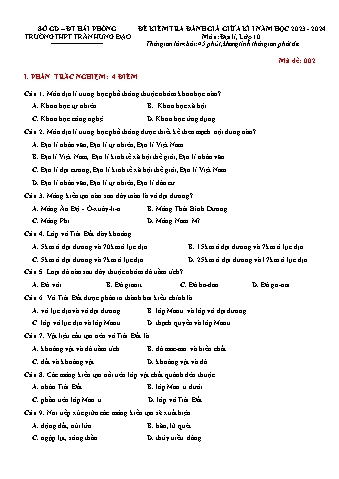 Đề kiểm tra giữa học kì I Địa lí 10 - Mã đề 002 - Năm học 2023-2024 - Trường THPT Trần Hưng Đạo (Có đáp án)