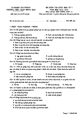 Đề kiểm tra giữa học kì I GDCD 12 - Mã đề 001 - Năm học 2023-2024 - Trường THPT Trần Hưng Đạo (Có đáp án)