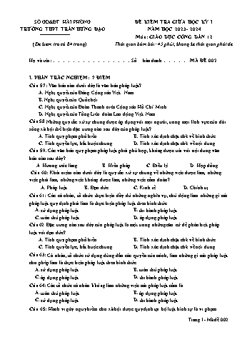 Đề kiểm tra giữa học kì I GDCD 12 - Mã đề 002 - Năm học 2023-2024 - Trường THPT Trần Hưng Đạo (Có đáp án)