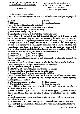 Đề kiểm tra giữa học kì I Giáo dục Kinh tế và Pháp luật 10 - Mã đề 002 - Năm học 2023-2024 - Trường THPT Trần Hưng Đạo (Có đáp án)