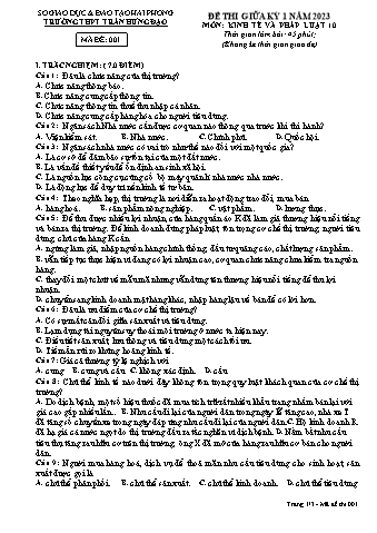 Đề kiểm tra giữa học kì I Giáo dục Kinh tế và Pháp luật 10 - Mã đề 001 - Năm học 2023-2024 - Trường THPT Trần Hưng Đạo (Có đáp án)