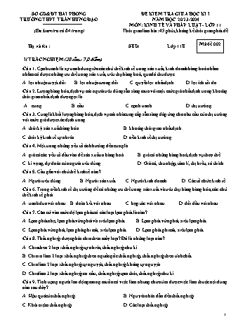 Đề kiểm tra giữa học kì I Giáo dục Kinh tế và Pháp luật 11 - Mã đề 002 - Năm học 2023-2024 - Trường THPT Trần Hưng Đạo (Có đáp án)