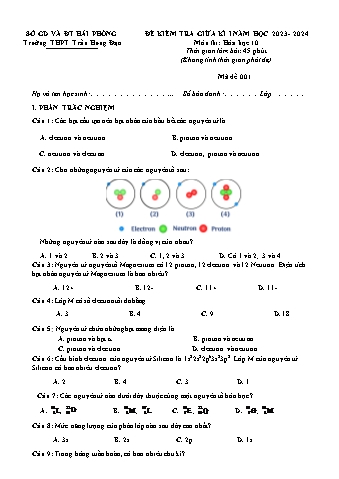 Đề kiểm tra giữa học kì I Hóa học 10 - Mã đề 001 - Năm học 2023-2024 - Trường THPT Trần Hưng Đạo (Có đáp án)