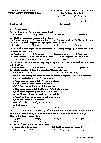 Đề kiểm tra giữa học kì I Hóa học 12 - Mã đề 132 - Năm học 2023-2024 - Trường THPT Trần Hưng Đạo (Có đáp án)