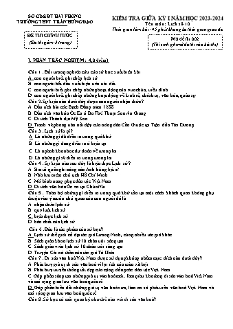Đề kiểm tra giữa học kì I Lịch sử 10 - Mã đề 002 - Năm học 2023-2024 - Trường THPT Trần Hưng Đạo (Có đáp án)