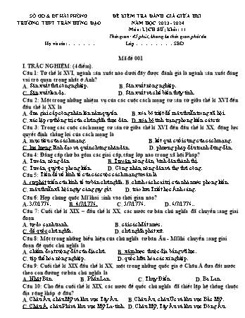 Đề kiểm tra giữa học kì I Lịch sử 11 - Mã đề 001 - Năm học 2023-2024 - Trường THPT Trần Hưng Đạo (Có đáp án)