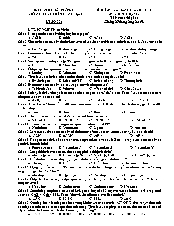 Đề kiểm tra giữa học kì I Sinh học 12 - Mã đề 002 - Trường THPT Trần Hưng Đạo (Có đáp án)