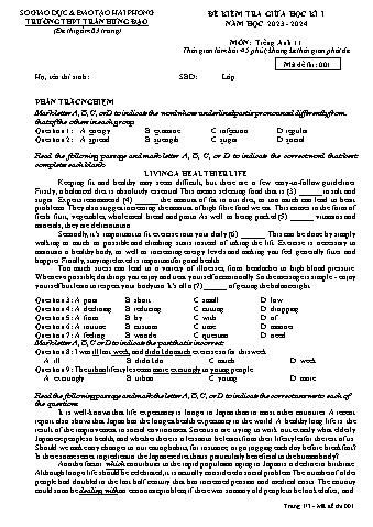 Đề kiểm tra giữa học kì I Tiếng Anh 11 - Mã đề 001 - Năm học 2023-2024 - Trường THPT Trần Hưng Đạo (Có đáp án + File nghe)