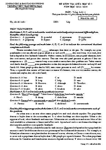 Đề kiểm tra giữa học kì I Tiếng Anh 11 - Mã đề 002 - Năm học 2023-2024 - Trường THPT Trần Hưng Đạo (Có đáp án + File nghe)