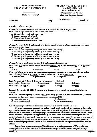 Đề kiểm tra giữa học kì I Tiếng Anh 12 - Mã đề 121 - Năm học 2023-2024 - Trường THPT Trần Hưng Đạo (Có đáp án)
