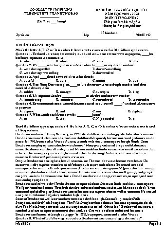 Đề kiểm tra giữa học kì I Tiếng Anh 12 - Mã đề 122 - Năm học 2023-2024 - Trường THPT Trần Hưng Đạo (Có đáp án)