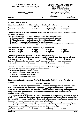 Đề kiểm tra giữa học kì I Tiếng Anh 12 - Mã đề 124 - Năm học 2023-2024 - Trường THPT Trần Hưng Đạo (Có đáp án)