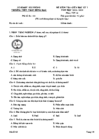 Đề kiểm tra giữa học kì I Tin học 10 - Mã đề 101 - Năm học 2023-2024 - Trường THPT Trần Hưng Đạo (Có đáp án)