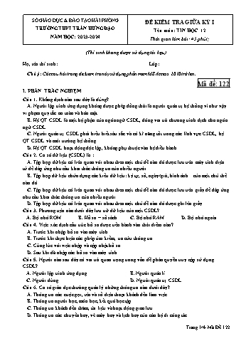 Đề kiểm tra giữa học kì I Tin học 12 - Mã đề 122 - Năm học 2023-2024 - Trường THPT Trần Hưng Đạo (Có đáp án)