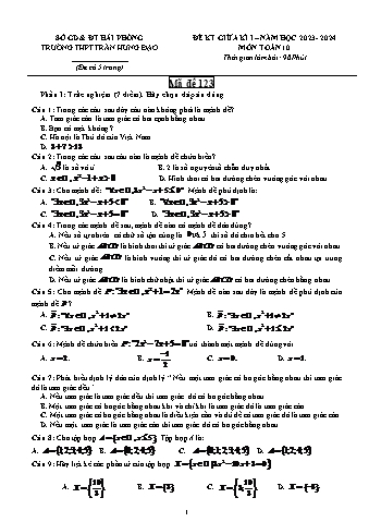 Đề kiểm tra giữa học kì I Toán 10 - Mã đề 123 - Năm học 2023-2024 - Trường THPT Trần Hưng Đạo (Có đáp án)