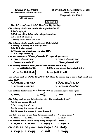 Đề kiểm tra giữa học kì I Toán 10 - Mã đề 234 - Năm học 2023-2024 - Trường THPT Trần Hưng Đạo (Có đáp án)