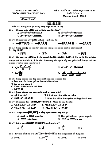 Đề kiểm tra giữa học kì I Toán 10 - Mã đề 345 - Năm học 2023-2024 - Trường THPT Trần Hưng Đạo (Có đáp án)