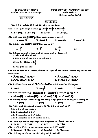 Đề kiểm tra giữa học kì I Toán 10 - Mã đề 456 - Năm học 2023-2024 - Trường THPT Trần Hưng Đạo (Có đáp án)