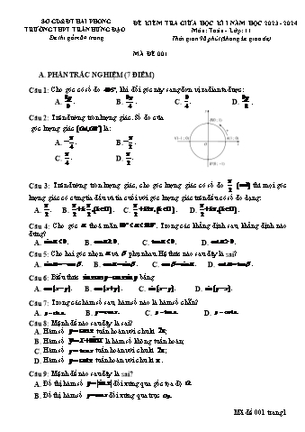 Đề kiểm tra giữa học kì I Toán 11 - Mã đề 001 - Năm học 2023-2024 - Trường THPT Trần Hưng Đạo (Có đáp án)