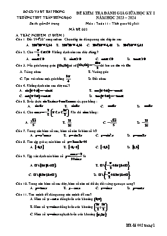 Đề kiểm tra giữa học kì I Toán 11 - Mã đề 002 - Năm học 2023-2024 - Trường THPT Trần Hưng Đạo (Có đáp án)