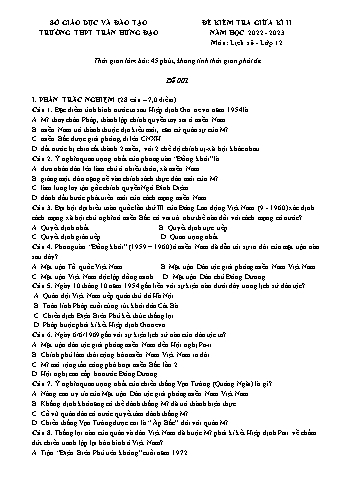 Đề kiểm tra giữa học kì II Lịch sử 12 - Mã đề 001 - Năm học 2022-2023 - Trường THPT Trần Hưng Đạo (Có đáp án + Ma trận)