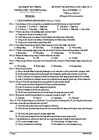 Đề kiểm tra giữa học kì II Sinh học 10 - Mã đề 001 - Trường THPT Trần Hưng Đạo (Có đáp án + Ma trận)