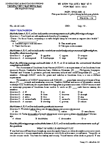 Đề kiểm tra giữa học kì II Tiếng Anh 10 - Mã đề 123 - Năm học 2022-2023 - Trường THPT Trần Hưng Đạo (Có đáp án + Ma trận)