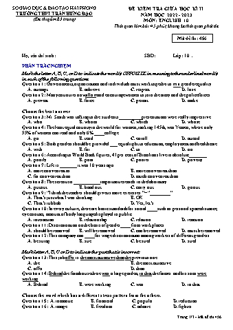 Đề kiểm tra giữa học kì II Tiếng Anh 10 - Mã đề 456 - Năm học 2022-2023 - Trường THPT Trần Hưng Đạo (Có đáp án + Ma trận)