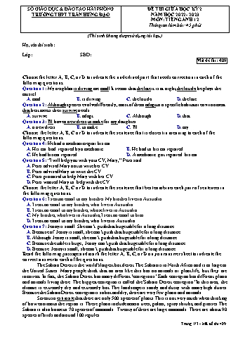 Đề kiểm tra giữa học kì II Tiếng Anh 12 - Mã đề 409 - Năm học 2022-2023 - Trường THPT Trần Hưng Đạo (Có đáp án + Ma trận)