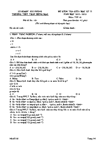 Đề kiểm tra giữa học kì II Tin học 10 - Mã đề 101 - Năm học 2022-2023 - Trường THPT Trần Hưng Đạo (Có đáp án + Ma trận)