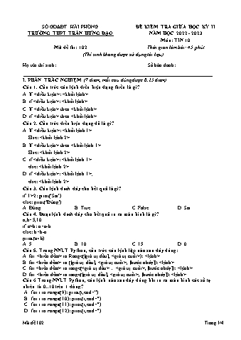 Đề kiểm tra giữa học kì II Tin học 10 - Mã đề 102 - Năm học 2022-2023 - Trường THPT Trần Hưng Đạo (Có đáp án + Ma trận)