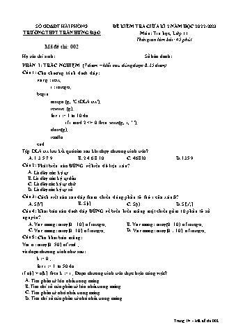 Đề kiểm tra giữa học kì II Tin học 11 - Mã đề 002 - Năm học 2022-2023 - Trường THPT Trần Hưng Đạo (Có đáp án + Ma trận)