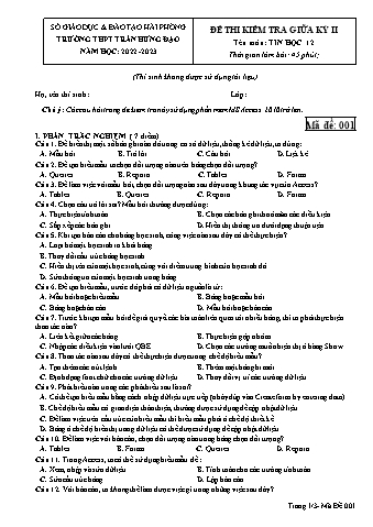 Đề kiểm tra giữa học kì II Tin học 12 - Mã đề 001 - Năm học 2022-2023 - Trường THPT Trần Hưng Đạo (Có đáp án + Ma trận)