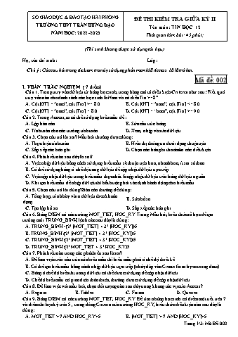 Đề kiểm tra giữa học kì II Tin học 12 - Mã đề 002 - Năm học 2022-2023 - Trường THPT Trần Hưng Đạo (Có đáp án + Ma trận)