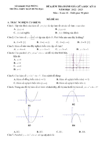 Đề kiểm tra giữa học kì II Toán 10 - Mã đề 001 - Năm học 2022-2023 - Trường THPT Trần Hưng Đạo (Có đáp án + Ma trận)