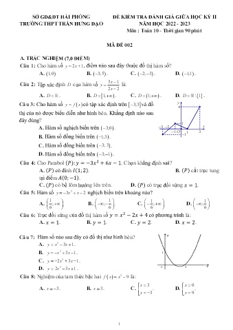 Đề kiểm tra giữa học kì II Toán 10 - Mã đề 002 - Năm học 2022-2023 - Trường THPT Trần Hưng Đạo (Có đáp án + Ma trận)