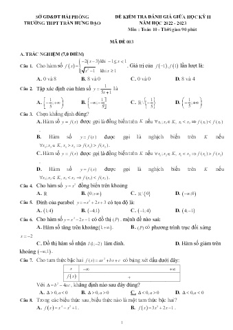 Đề kiểm tra giữa học kì II Toán 10 - Mã đề 003 - Năm học 2022-2023 - Trường THPT Trần Hưng Đạo (Có đáp án + Ma trận)