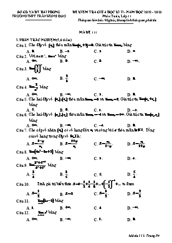 Đề kiểm tra giữa học kì II Toán 11 - Mã đề 111 - Năm học 2022-2023 - Trường THPT Trần Hưng Đạo (Có đáp án + Ma trận)