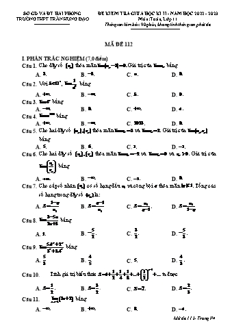 Đề kiểm tra giữa học kì II Toán 11 - Mã đề 112 - Năm học 2022-2023 - Trường THPT Trần Hưng Đạo (Có đáp án + Ma trận)
