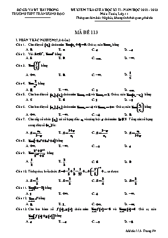 Đề kiểm tra giữa học kì II Toán 11 - Mã đề 113 - Năm học 2022-2023 - Trường THPT Trần Hưng Đạo (Có đáp án + Ma trận)